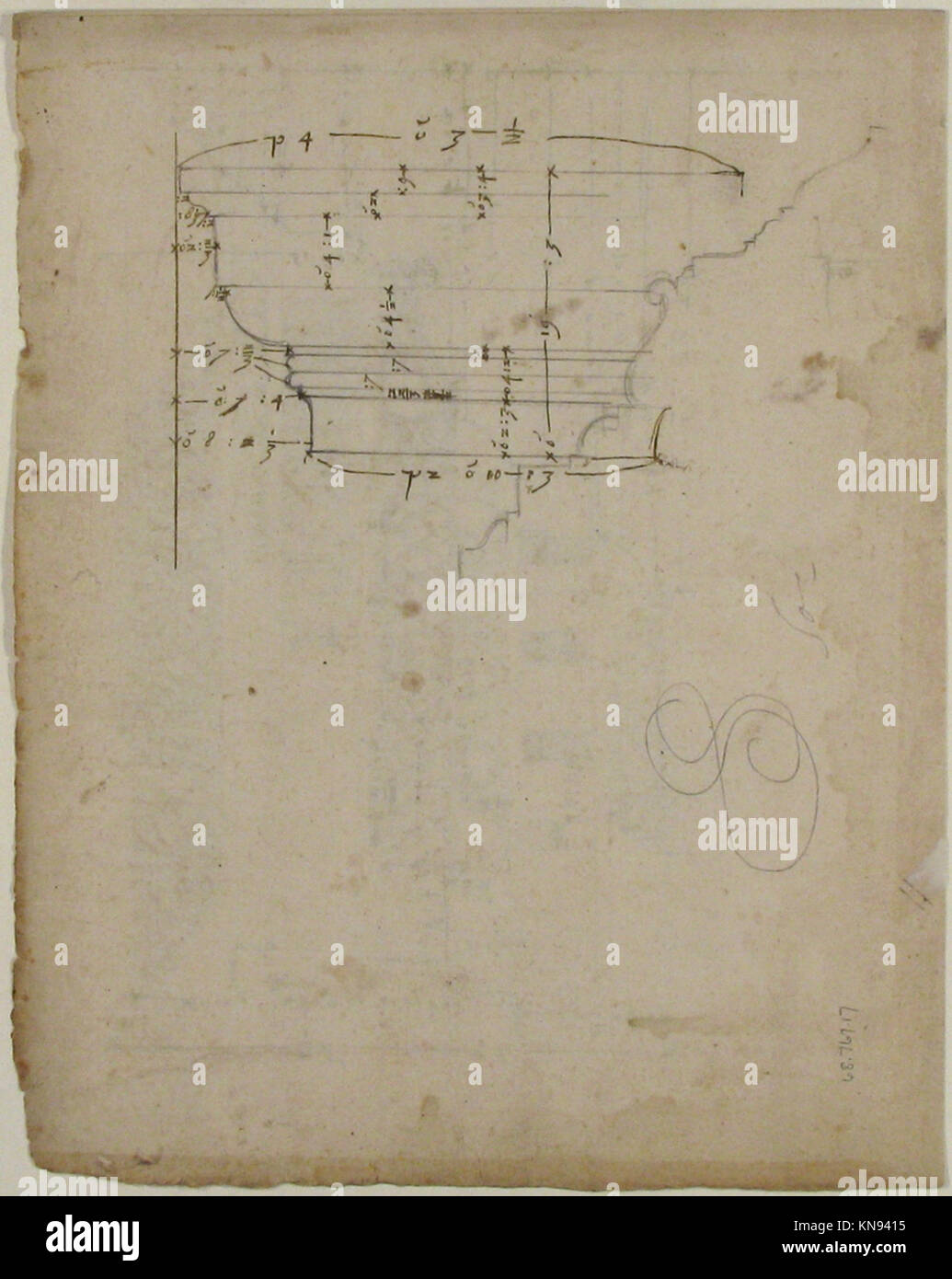 Questo disegno dell'Arco di Camigliano mostra capitelli dorici e cornici ornamentali, illustrando lo stile architettonico e il design classico. Foto Stock