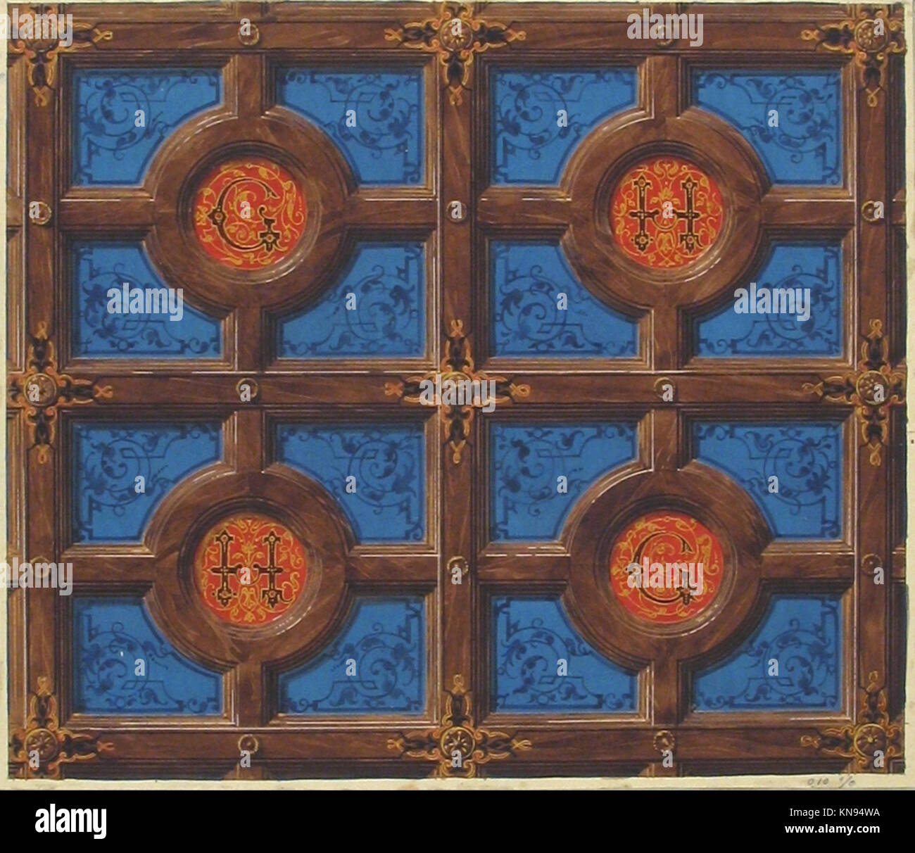 Questo soffitto a cassettoni dipinto incorpora le iniziali G e H per una residenza in rue de Clichy, che mostra arti decorative francesi del XVIII secolo e dettagli architettonici. Foto Stock