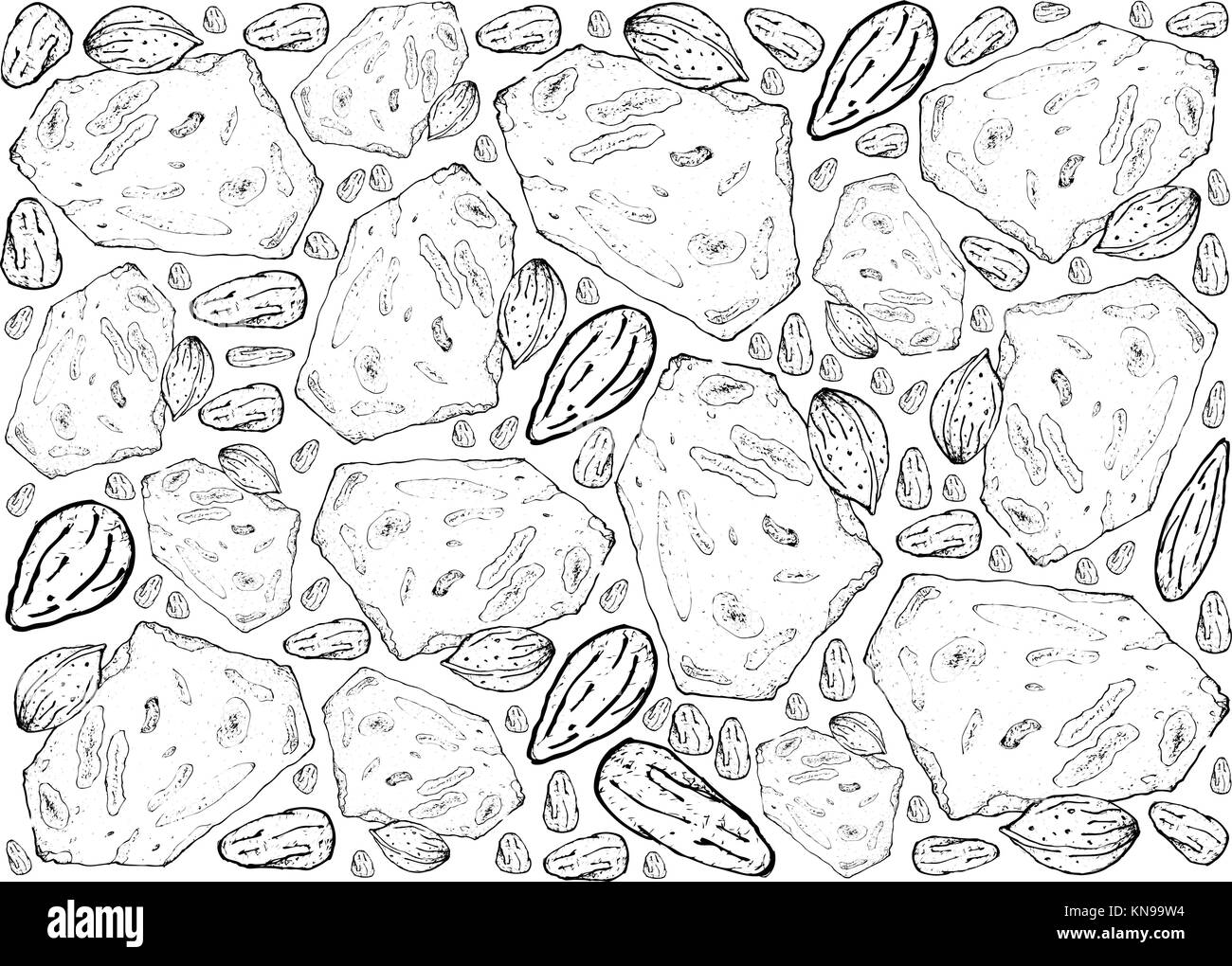 Illustrazione di sfondo disegnato a mano schizzo di torrone o il torrone a base di miele, zucchero e albume con mandorle tostate o noci servita durante il chris Illustrazione Vettoriale