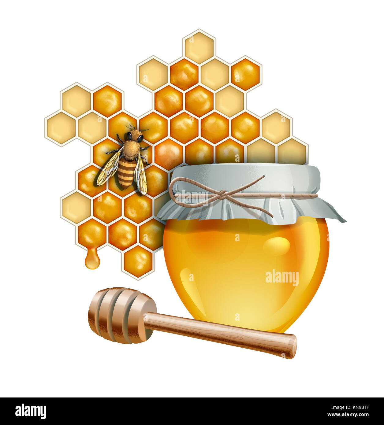 Miele di composizione a tema tra cui un vaso di vetro pieno di miele e un ape. Illustrazione Digitale, percorso di clipping incluso Foto Stock