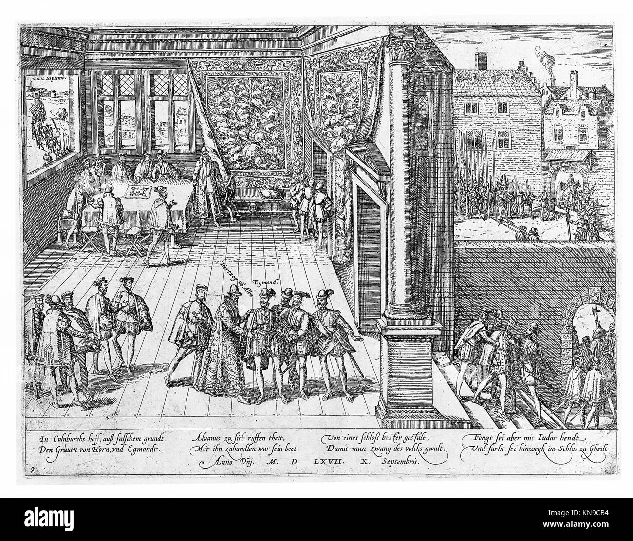 Questa opera d'arte raffigura eventi storici dal 1535 al 1608 nei Paesi Bassi, Francia, Germania e Inghilterra, mostrando aspetti culturali e sociali. Foto Stock