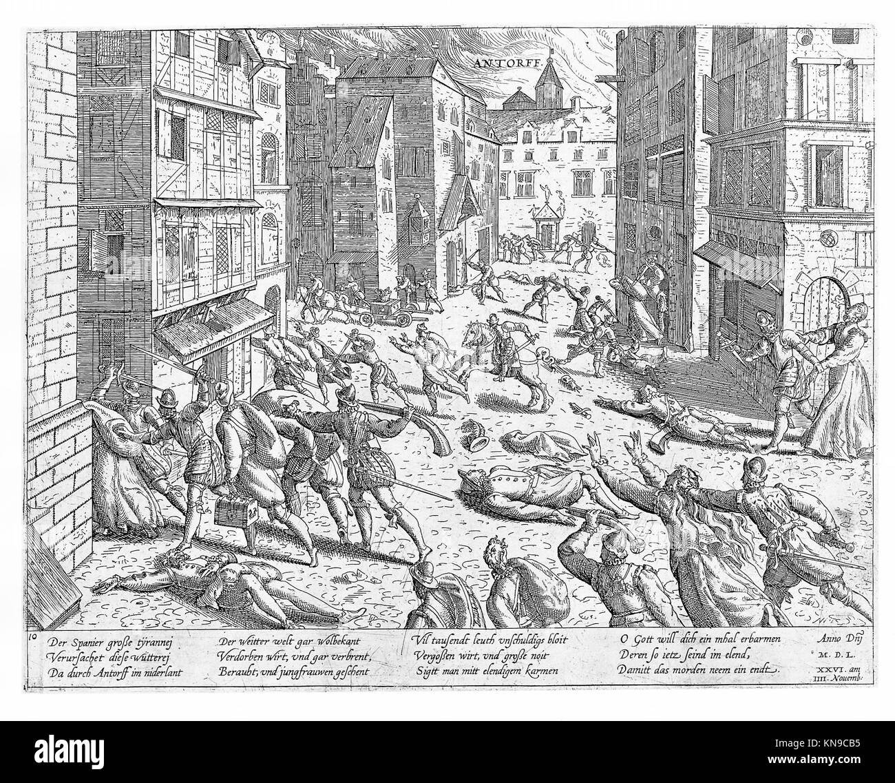 Questa illustrazione MET registra eventi storici nei Paesi Bassi, Francia, Germania e Inghilterra dal 1535 al 1608, evidenziando contesti politici e culturali. Foto Stock