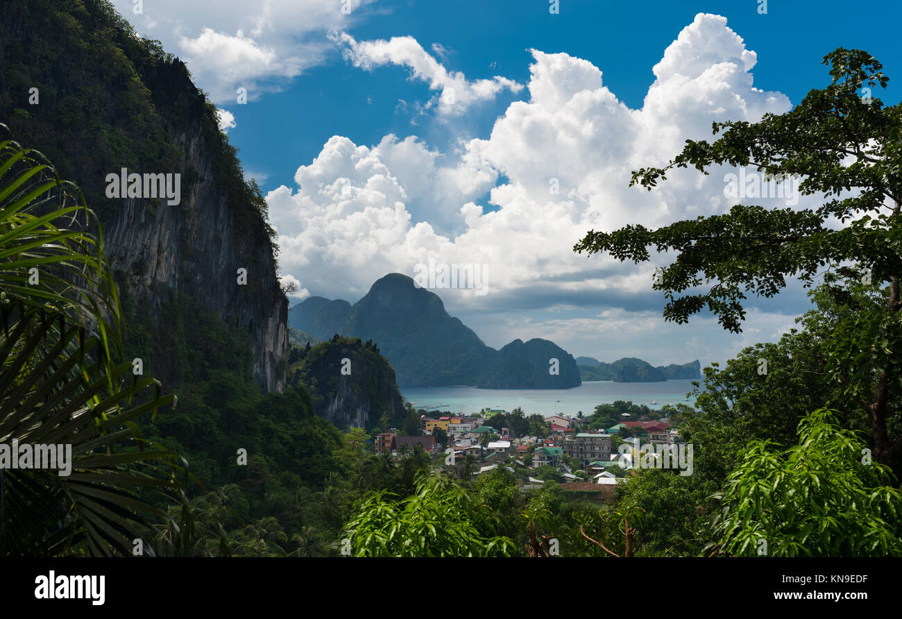 El Nido, PALAWAN FILIPPINE. Philippine barche in turchese acqua pulita con  rocce appuntite uno sfondo. Paese tropicale. Ampio angolo, vista dall'alto  Foto stock - Alamy