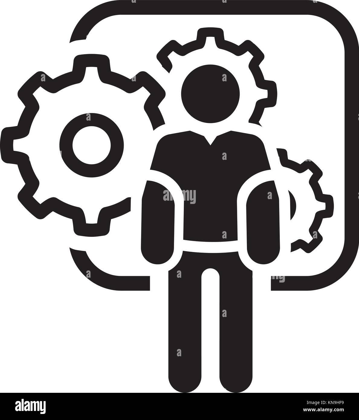 Ingegneria meccanica e la relativa icona. L uomo e gli ingranaggi. Simbolo di sviluppo. Illustrazione Vettoriale