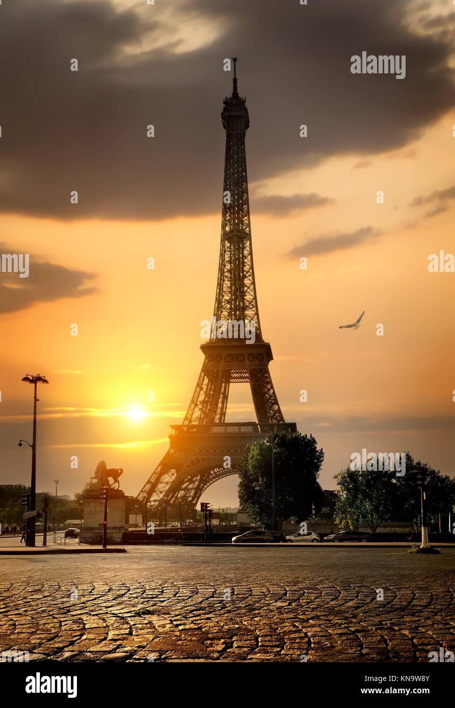 Splendida Torre Eiffel a Parigi presso sunrise, Francia. Foto Stock