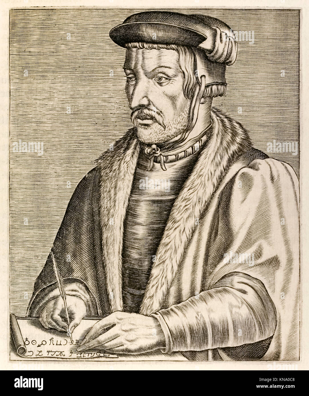 Heinrich Cornelius Agrippa (1486-1535) Tedesco polymath, filosofo e la strega il cui opera più conosciuta è "De occulta philosophia libri tres " sull'occulto, magia e spiritualità. Incisione da "Vero ritratti…" da André Thévet (1516-1590), pubblicato nel 1584. Foto Stock