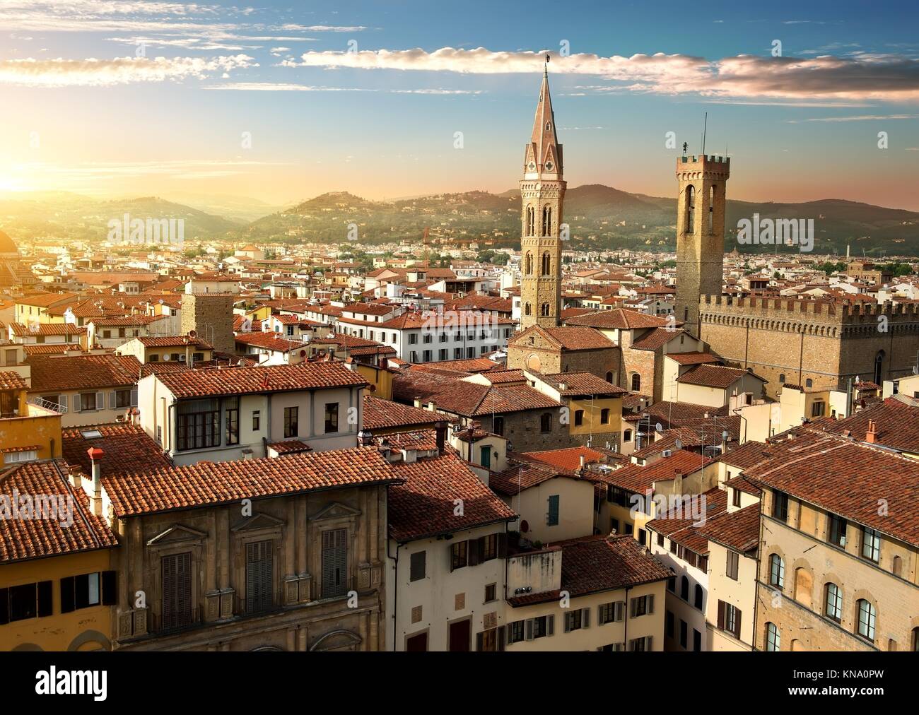 Vista sulle torri Bargello e Badia Fiorentina a Firenze, Italia. Foto Stock