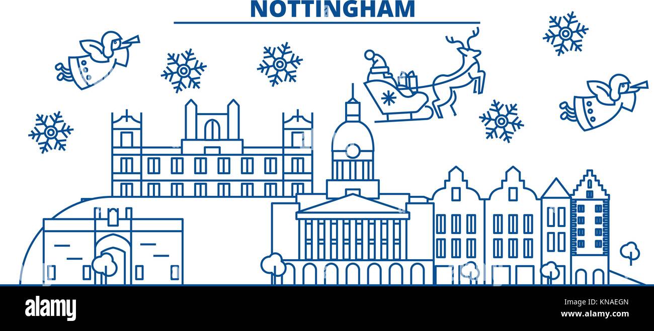 Gran Bretagna, nottingham inverno skyline della città. Buon Natale e felice anno nuovo banner decorati con babbo natale.inverno il messaggio di saluto della scheda di linea.piana, vettore di contorno.linear neve natalizia illustrazione Illustrazione Vettoriale