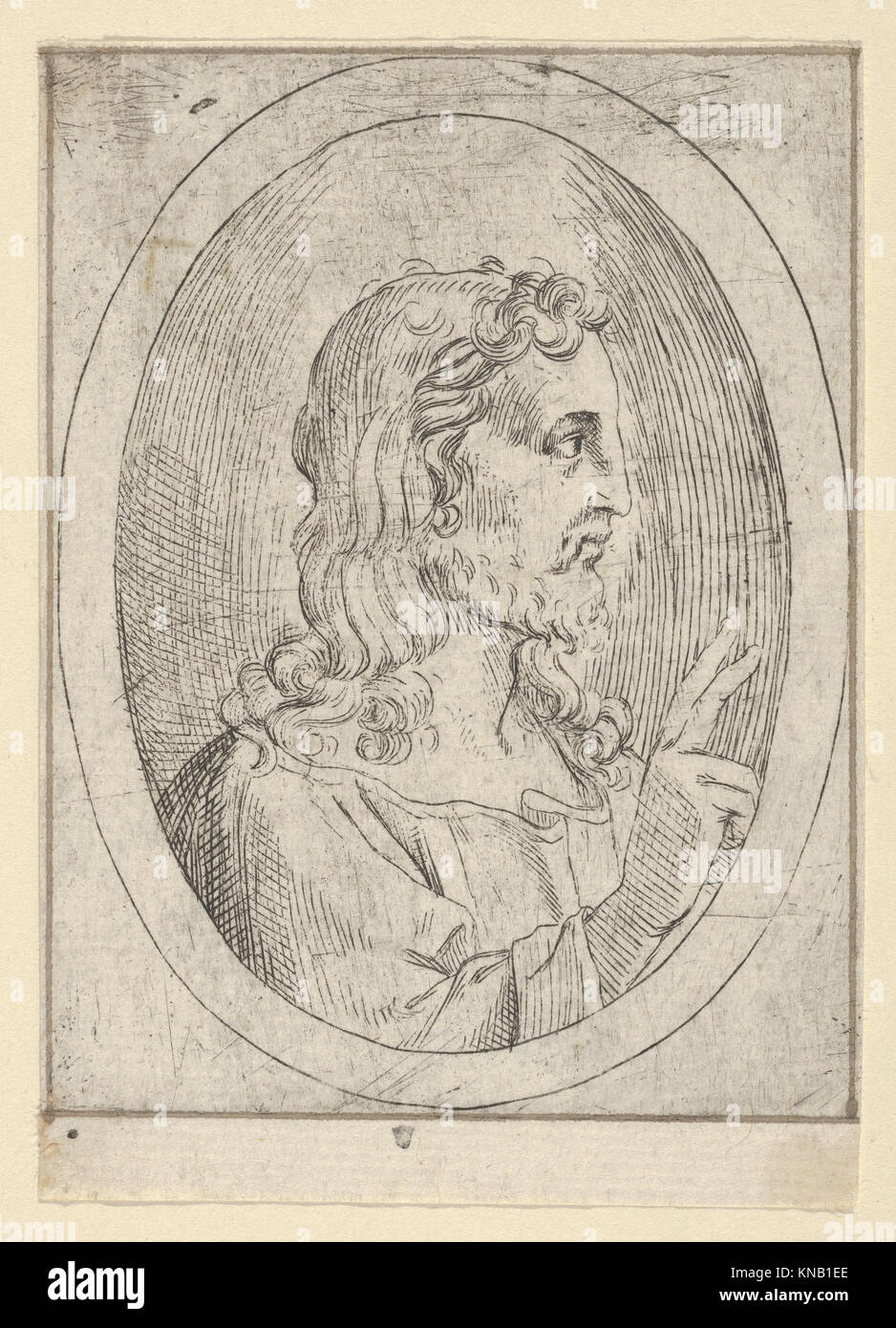 Questa opera mostra Cristo di profilo, benedizione con la mano destra, all'interno di una cornice ovale, come parte di una serie che include la Vergine e gli Apostoli. Foto Stock