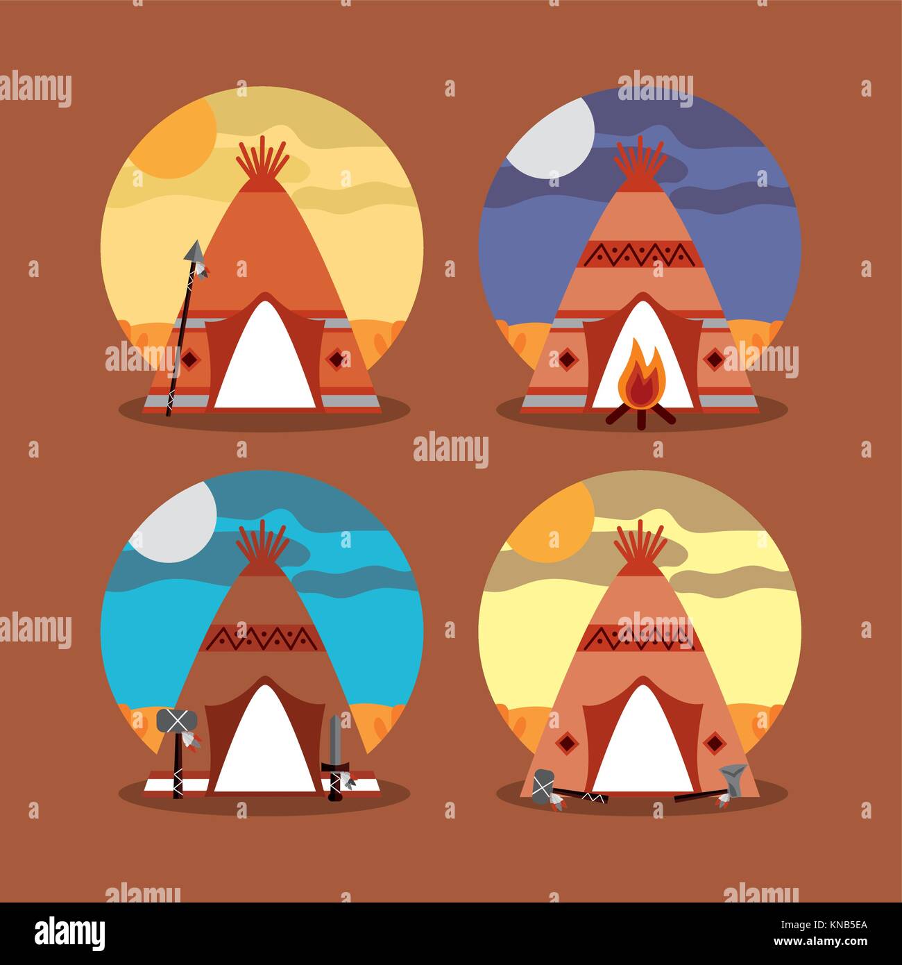 Quattro teepee home nativa americana con differenza di paesaggio Illustrazione Vettoriale