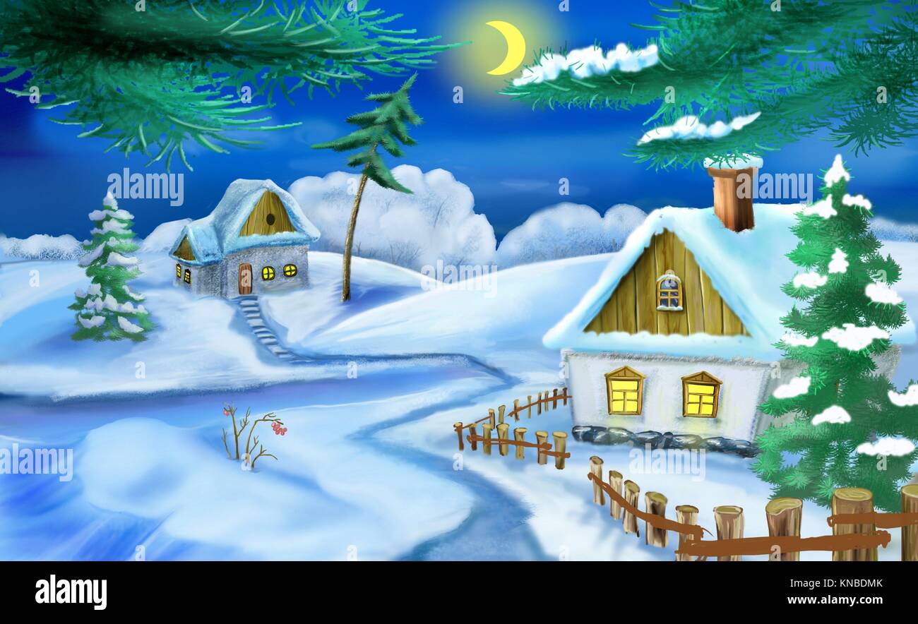 Inverno in un vecchio tradizionale ucraino Village alla vigilia di Natale. Illustrazione fatta a mano in un classico stile cartoon. Foto Stock