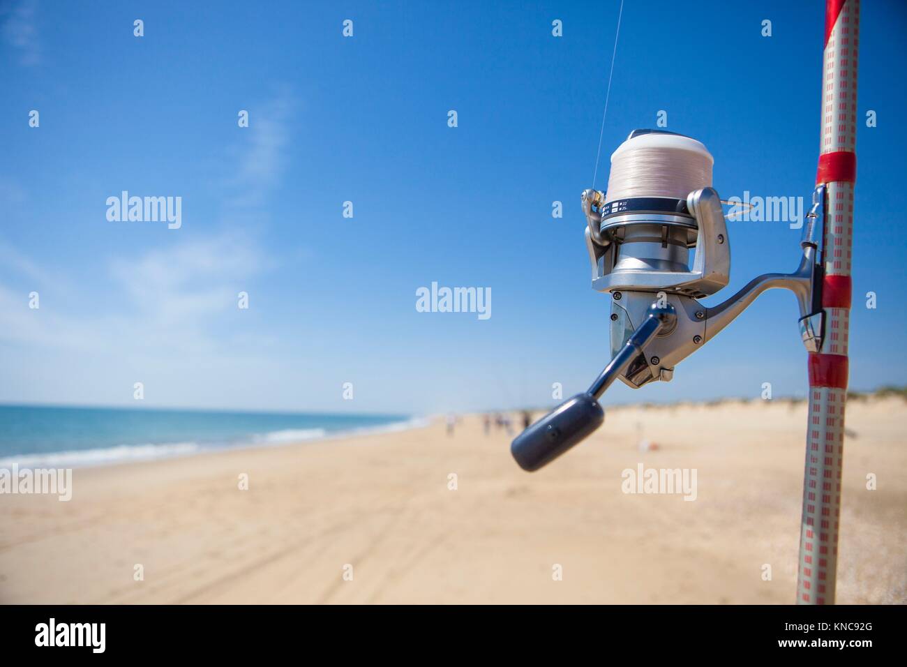 Mulinello da pesca sull'asta dettaglio con angolatura pescatori a fondo sul mare, Huelva, Spagna. Foto Stock