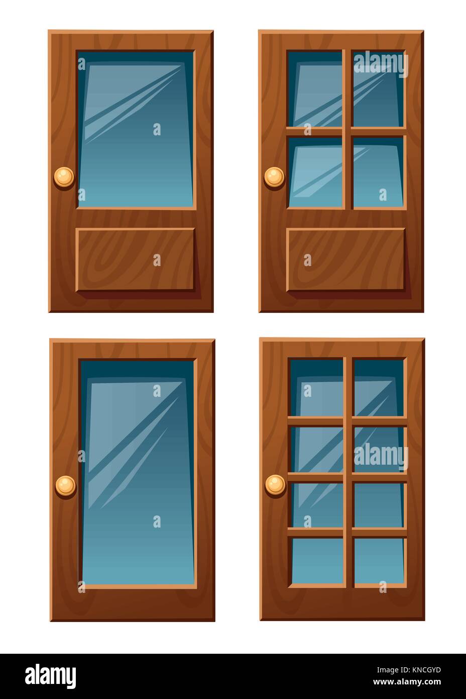 Vettore Collezione di varie casa in legno porte con vetro piatto stile illustrazione vettore isolato su sfondo bianco pagina sito web e mobile app des Illustrazione Vettoriale