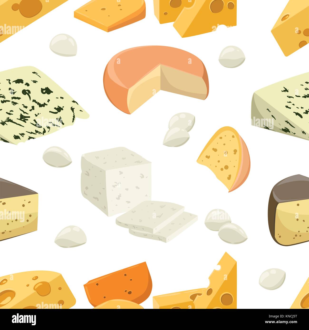 Modello senza giunture pezzi di formaggio popolare tipo di formaggio isolato le icone di stile di piana prodotti lattiero-caseari freschi illustrazione vettoriale su sfondo bianco sit web Illustrazione Vettoriale