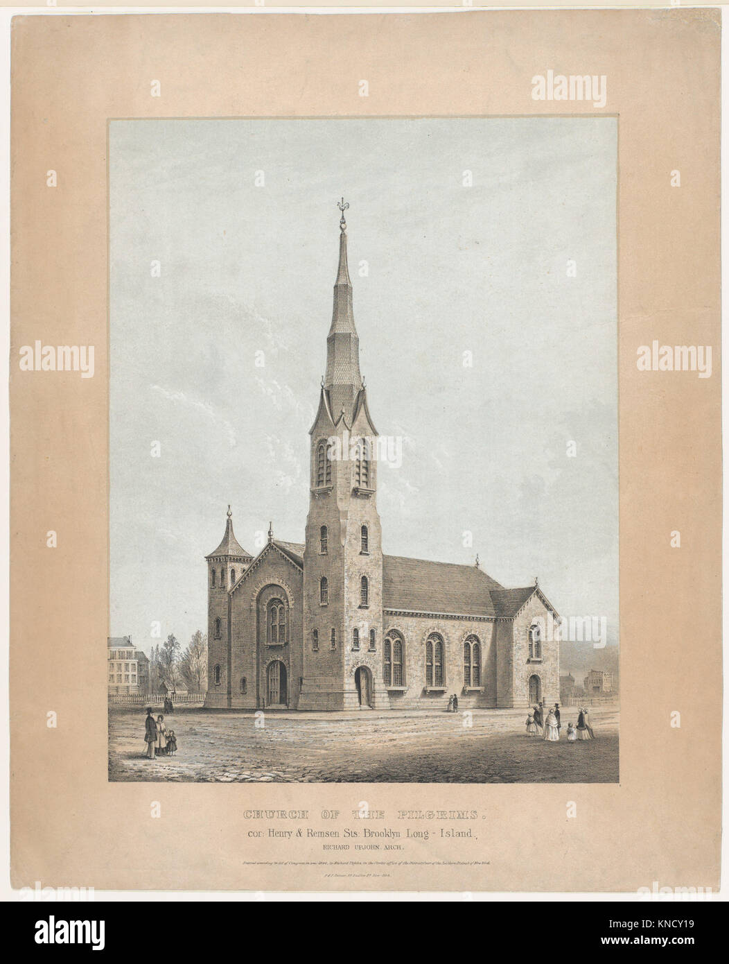 Chiesa dei pellegrini, Brooklyn, New York, artista: Frances Flora Bond Palmer, americano (nato Inghilterra), Leicester 1812-1876 New York, stampante: Francis & Seymour Palmer, New York, NY, Editore: Richard Upjohn, americano, Inghilterra 1802?1878, Church of the Pilgrims, Brooklyn, New York, 1844, litografia con pietre di colore beige e blu e acquerello, immagine: 13 13/16 x 10 5/8 pollici (35,1 x 27 cm) Foto Stock