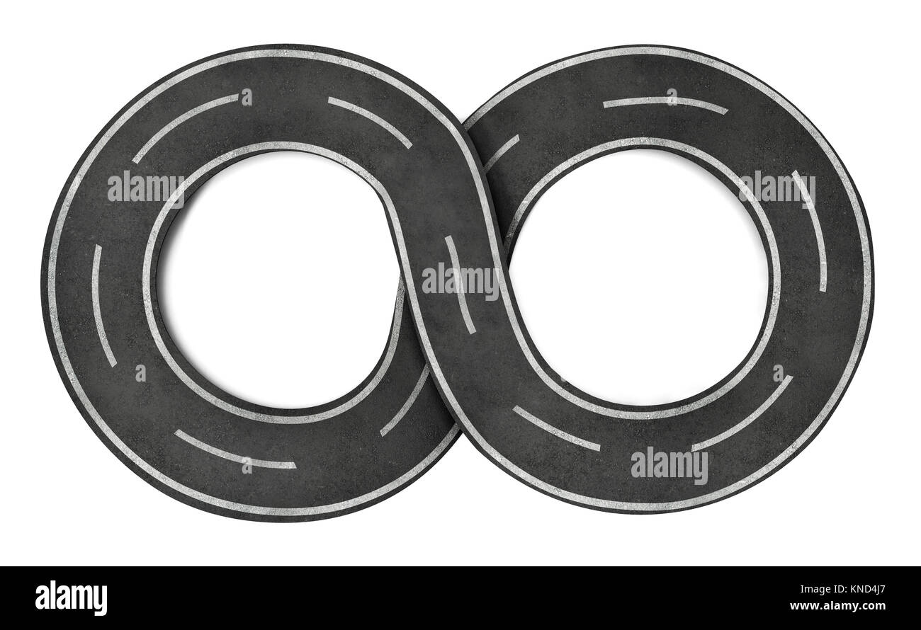 Simbolo di infinito strada sagomata isolata su sfondo bianco. 3D'illustrazione. Foto Stock