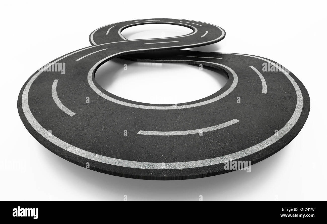 Simbolo di infinito strada sagomata isolata su sfondo bianco. 3D'illustrazione. Foto Stock