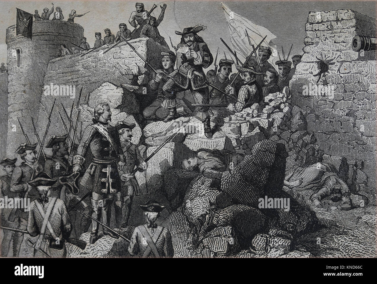 Assedio di Barcellona (1713-14). La guerra di successione spagnola. Il generale Jose Bellver y Balaguer rifiuta di capitolare, 1714. Foto Stock