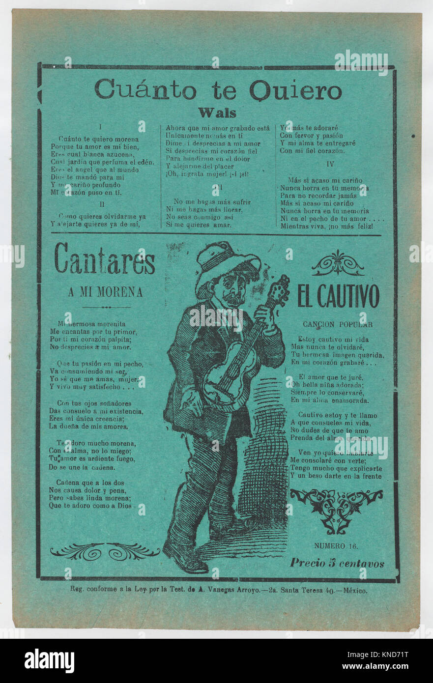 Broadsheet con tre canzoni d'amore; un uomo a cantare e suonare la chitarra ha incontrato DP868556 737880 Artista: Jos? Guadalupe Posada, messicano, 1851?1913, Publisher: Antonio Vanegas Arroyo, 1850?1917, messicano, Broadsheet con tre canzoni d'amore; un uomo a cantare e suonare la chitarra, ca.1900?1920 (pubblicata), Photo-rilievo e stampa tipografica su carta verde, foglio: 11 13/16 ? 7 7/8 in. (30 ? 20 cm). Il Metropolitan Museum of Art di New York. La Elisha Whittelsey Collection, l'Eliseo Fondo Whittelsey, 1946 (46.46.207) Foto Stock