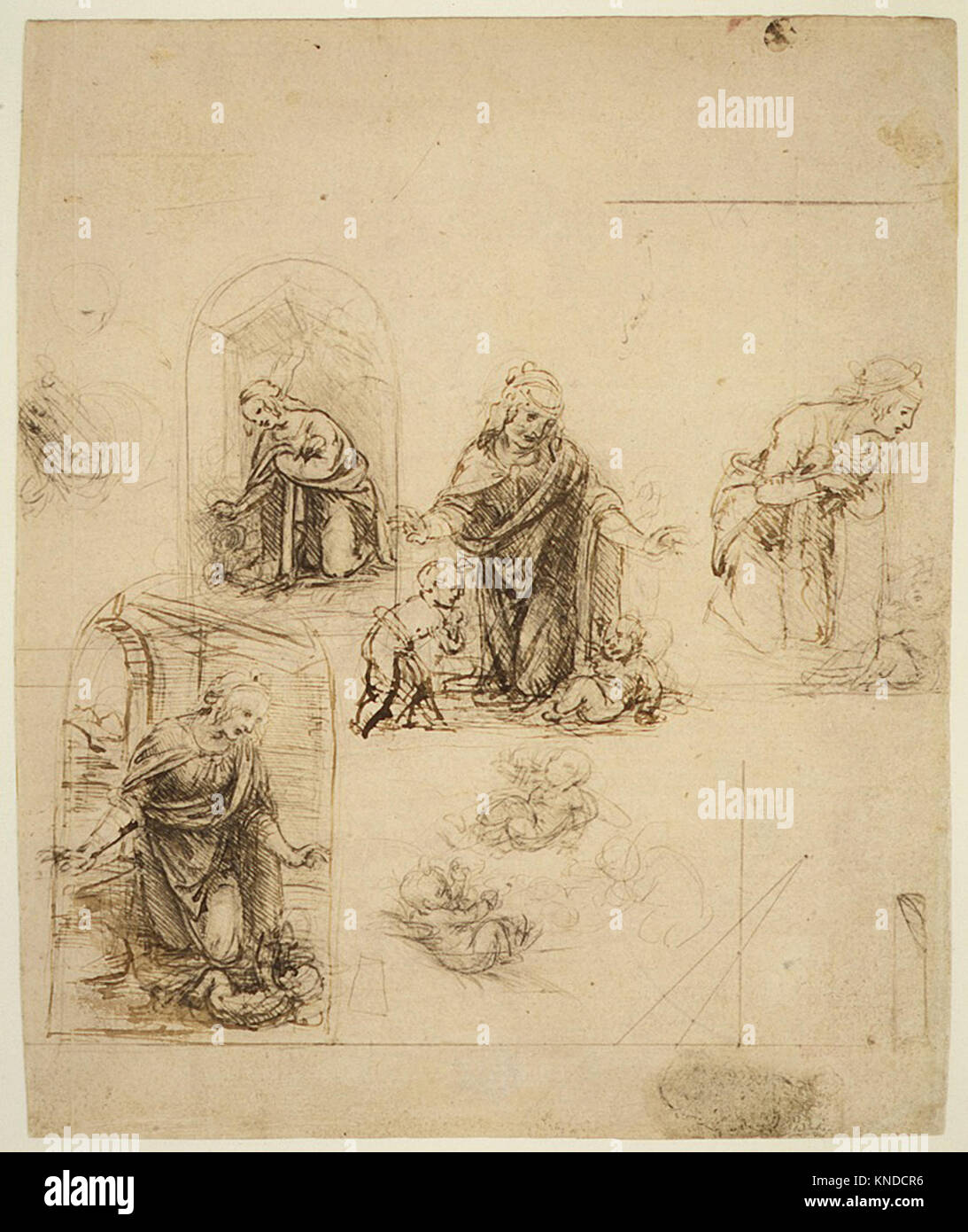 Schizzi compositivi per la Vergine adorando Gesù Bambino, con e senza il Bambino San Giovanni Battista; schema di una proiezione Perspectival (recto); lievi scarabocchi (verso) incontrato dp17.142.1r.R 337494 Foto Stock