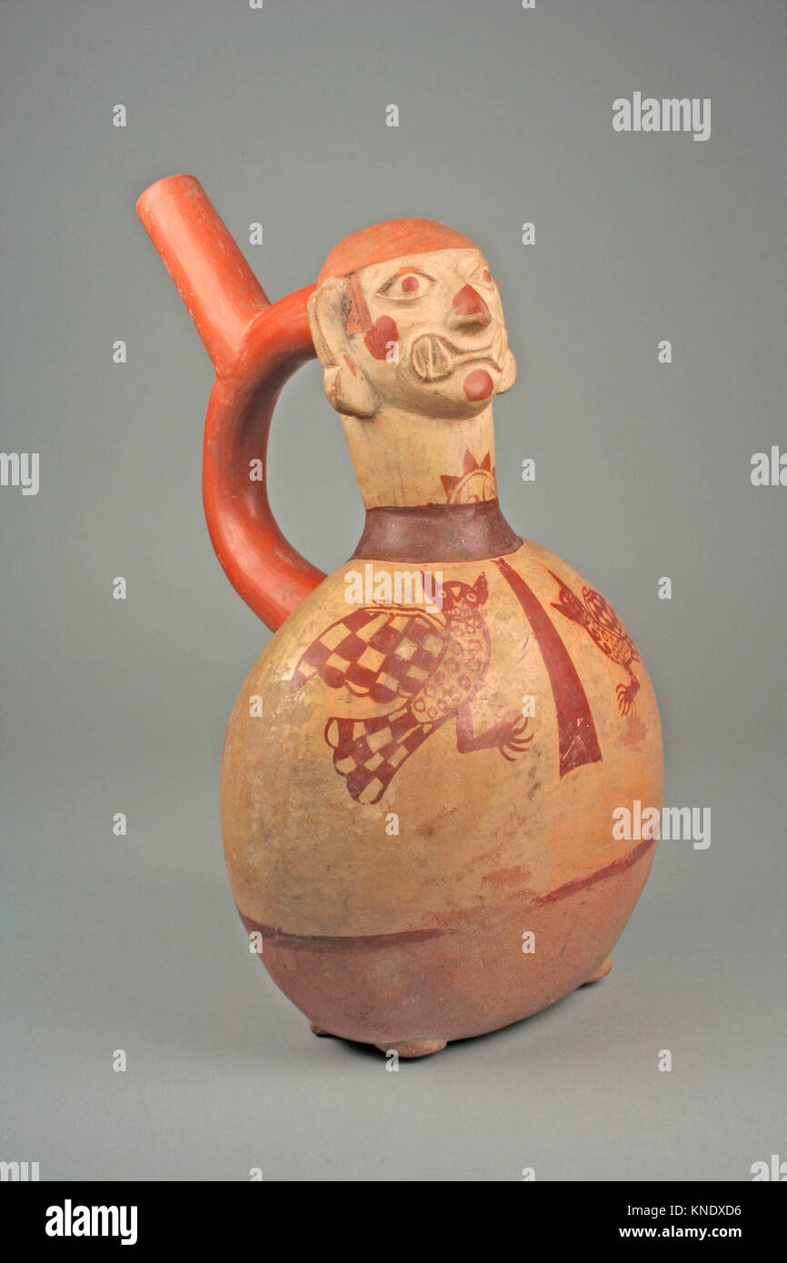 Staffa del tubo di lancio con bottiglia Ai-Apec. Data: 4-VII secolo; geografia: Perù; Cultura: Moche; medie: ceramica, slip, pigmento; Dimensioni: H. 11 3/8 x W. Foto Stock