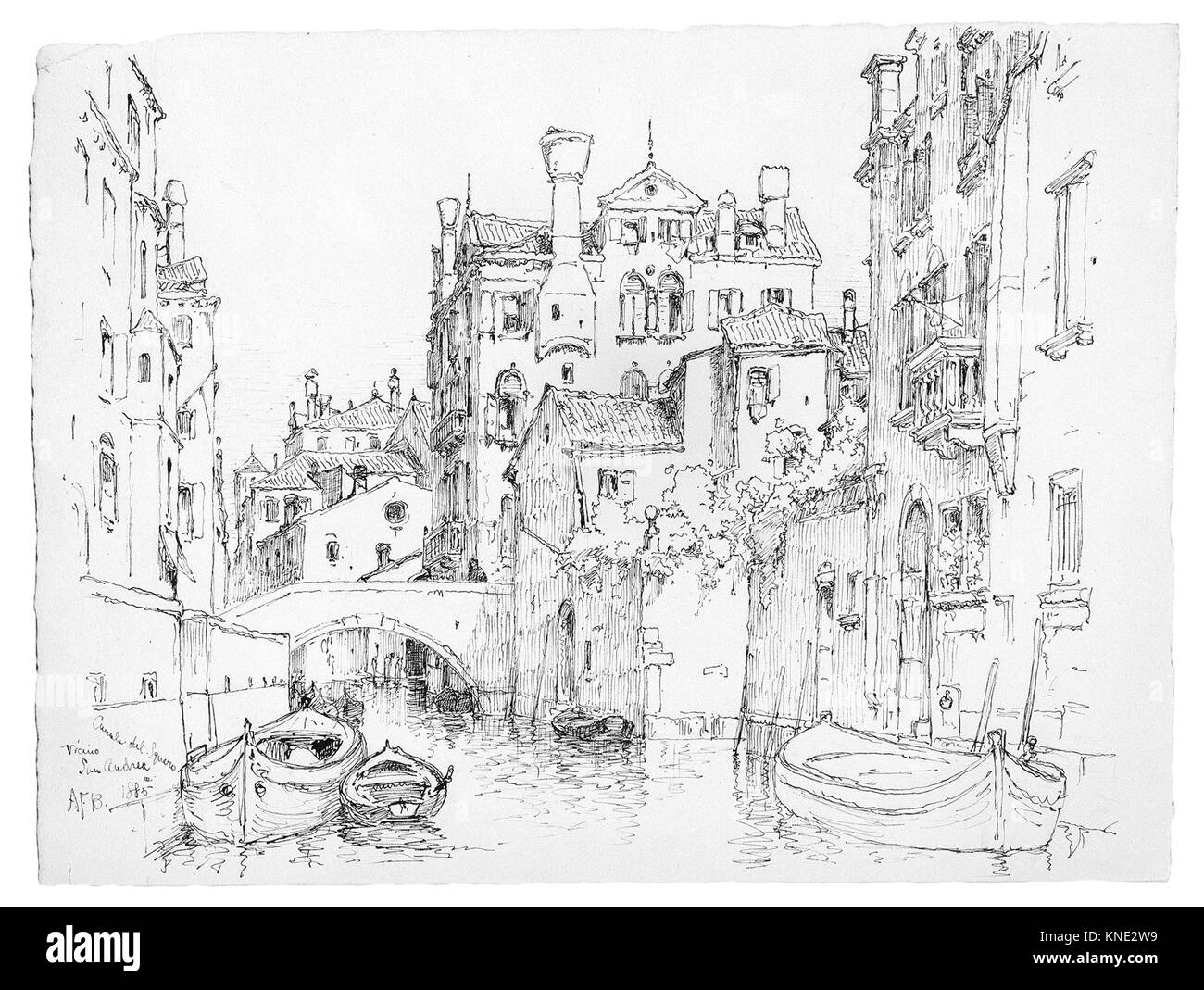 Questa fotografia del Canale del Squero di Venezia mostra il canale, gli edifici adiacenti, le barche e il paesaggio urbano, illustrando scene tipiche del corso d'acqua veneziano. Foto Stock