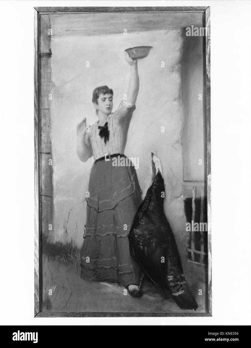 Questo dipinto di Eastman Johnson mostra una donna che dà da mangiare a un tacchino, illustrando la vita rurale americana del XIX secolo, le attività domestiche e la pittura di genere naturalistico. Foto Stock