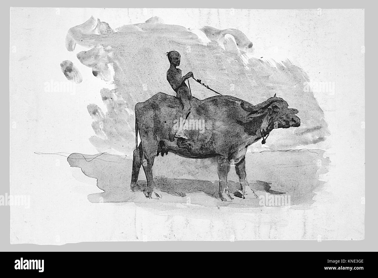 L'opera raffigura un ragazzo che cavalca un bufalo d'acqua, illustrando la vita rurale e la cultura dell'arte asiatica del XIX o XX secolo. Foto Stock