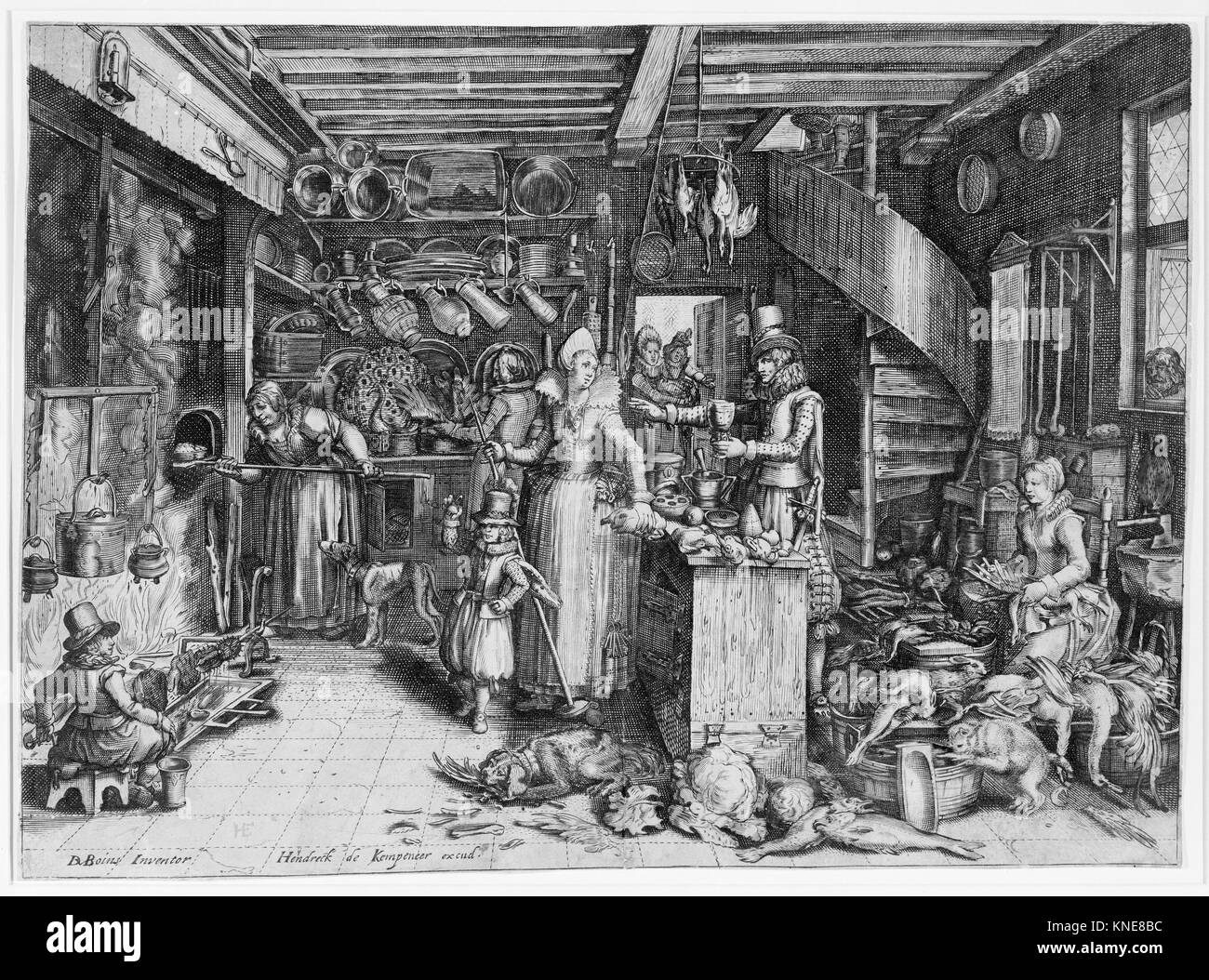Un artista della scena della cucina: Dopo David Vinckboons, Netherlandish, Mechelen 1576?1629 Amsterdam, Una scena della cucina, n.d., Incisione, foglio: 10 1/8 x 13 7/8 poll. (25,7 x 35,2 cm). Foto Stock