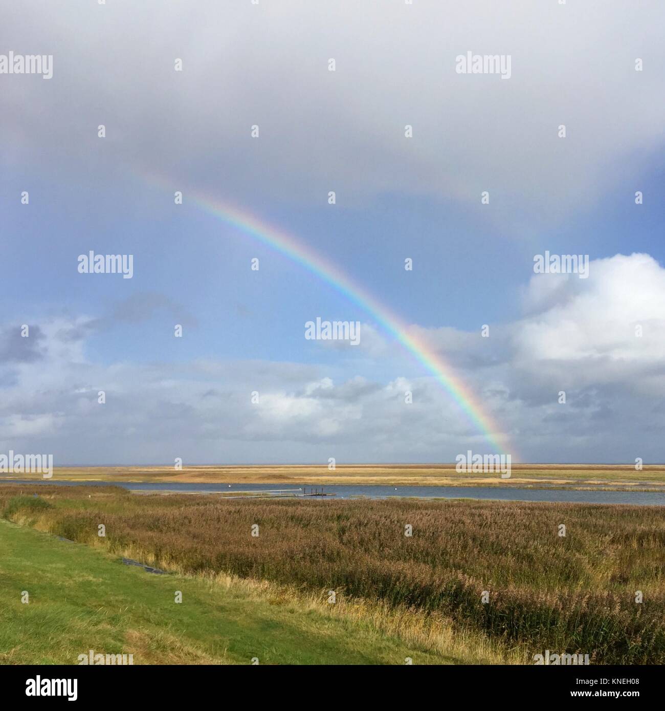 Rainbow oltre il paesaggio rurale, Sonderho, Fanoe, Danimarca Foto Stock