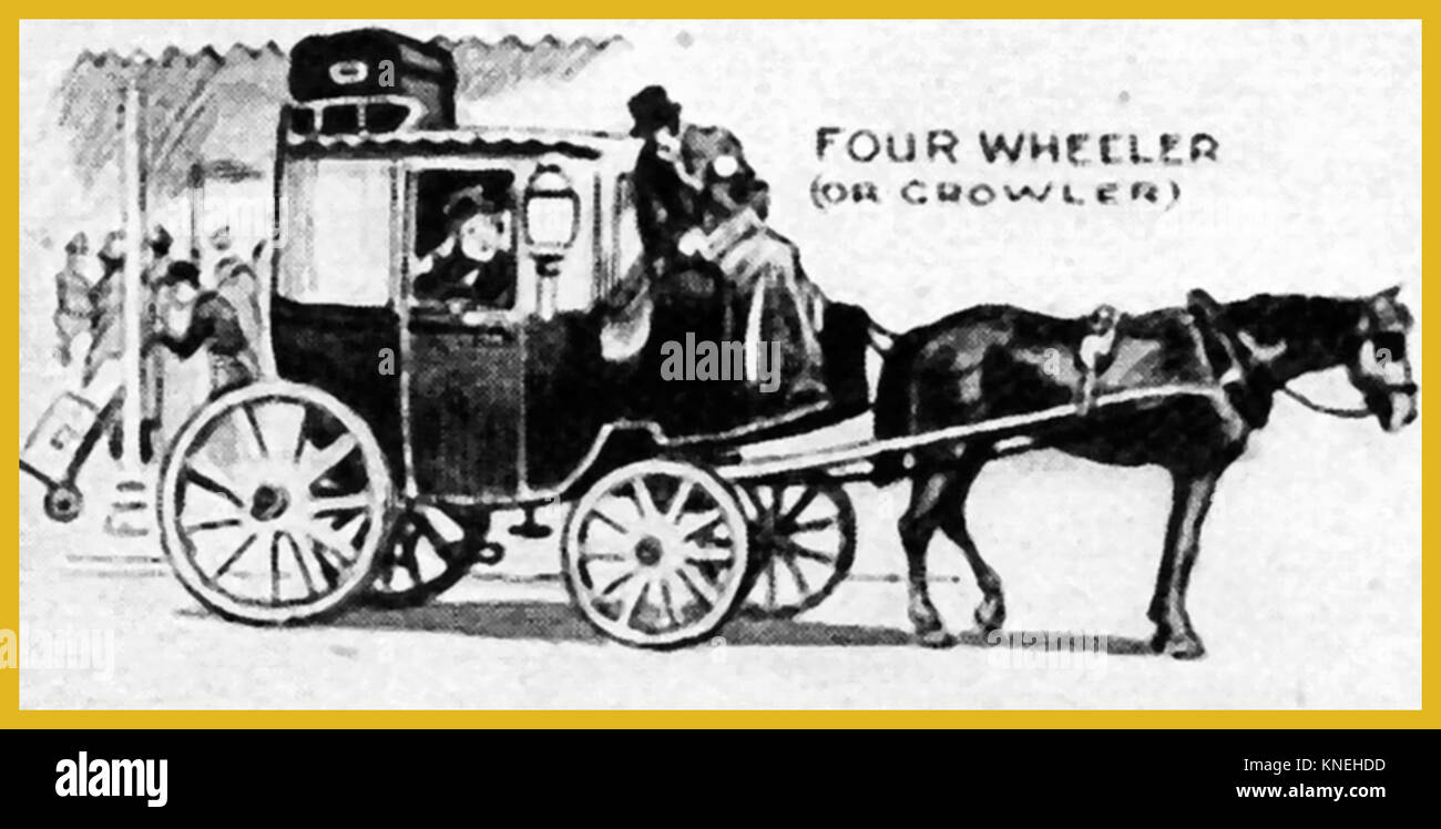 A cavallo il trasporto - un 1940's illustrazione che mostra uno standard normale passeggero vittoriano coach noto come una delle quattro ruote Growler. Foto Stock