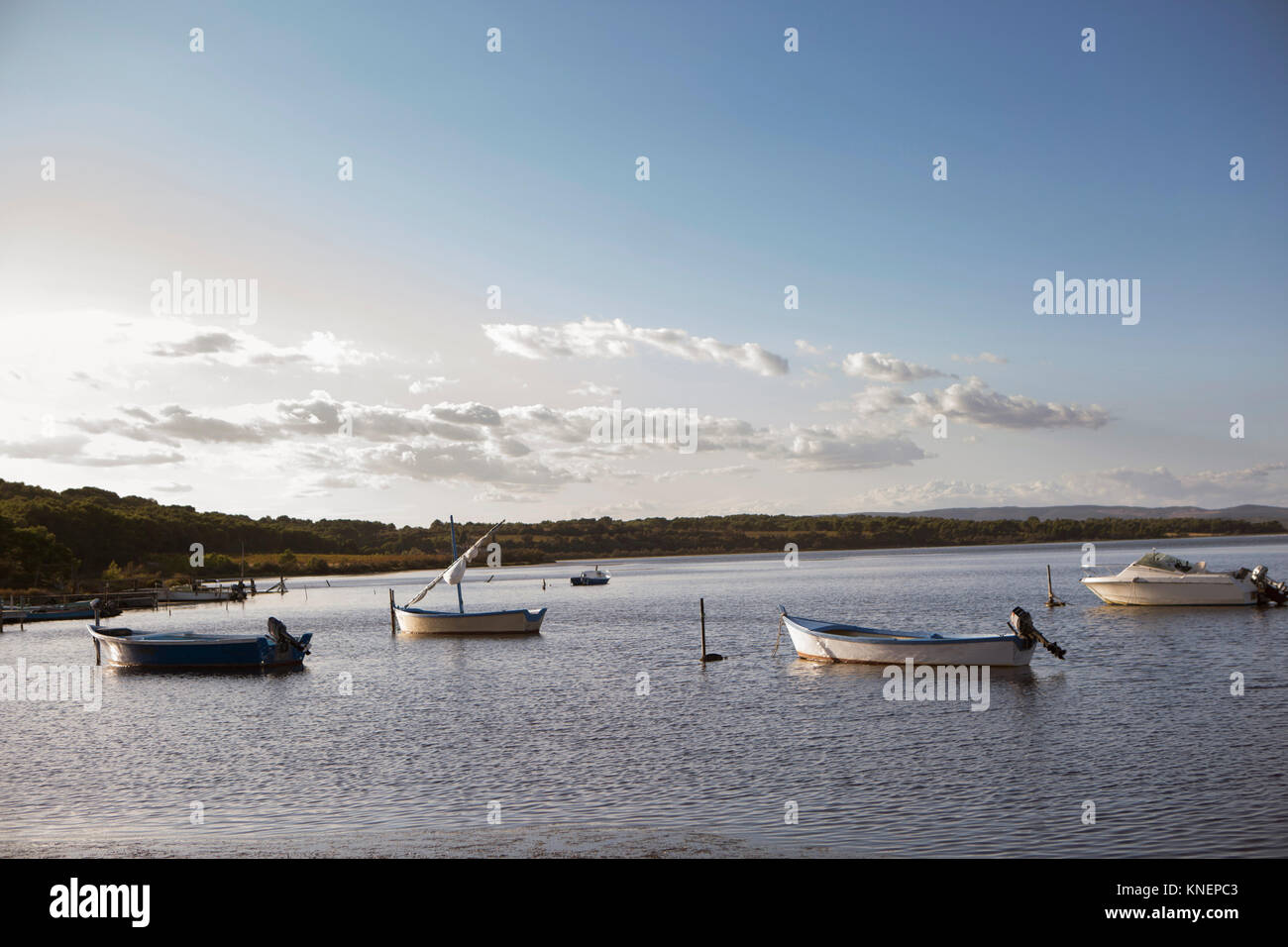 Barche sul lago, Sigean, Languedoc Roussillon, Francia, Europa Foto Stock