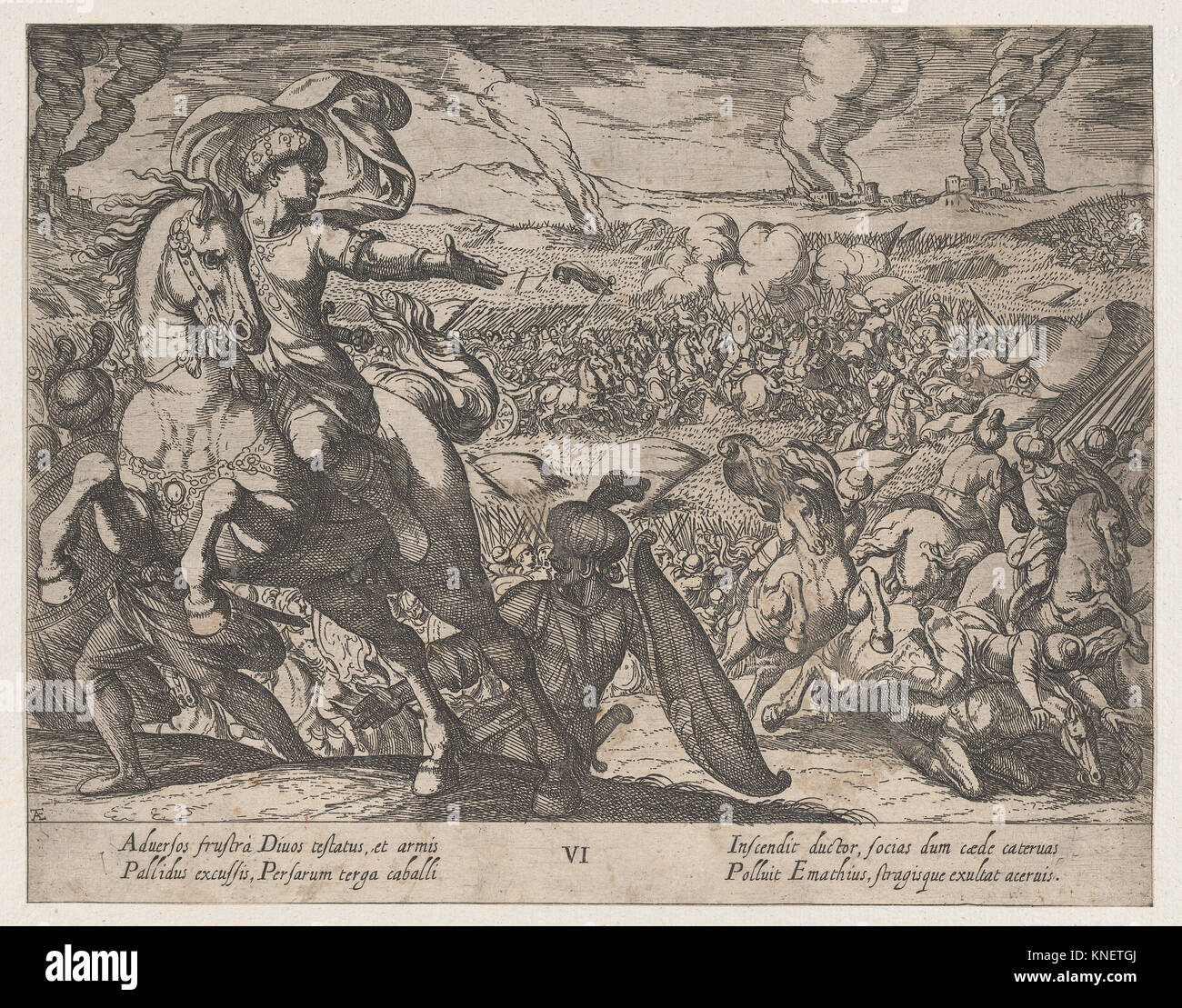 Piastra 6: Darius in fuga dal campo di battaglia, dalle gesta di Alessandro il Grande. Artista: Antonio Tempesta (italiano, Firenze Roma 1555-1630); Foto Stock