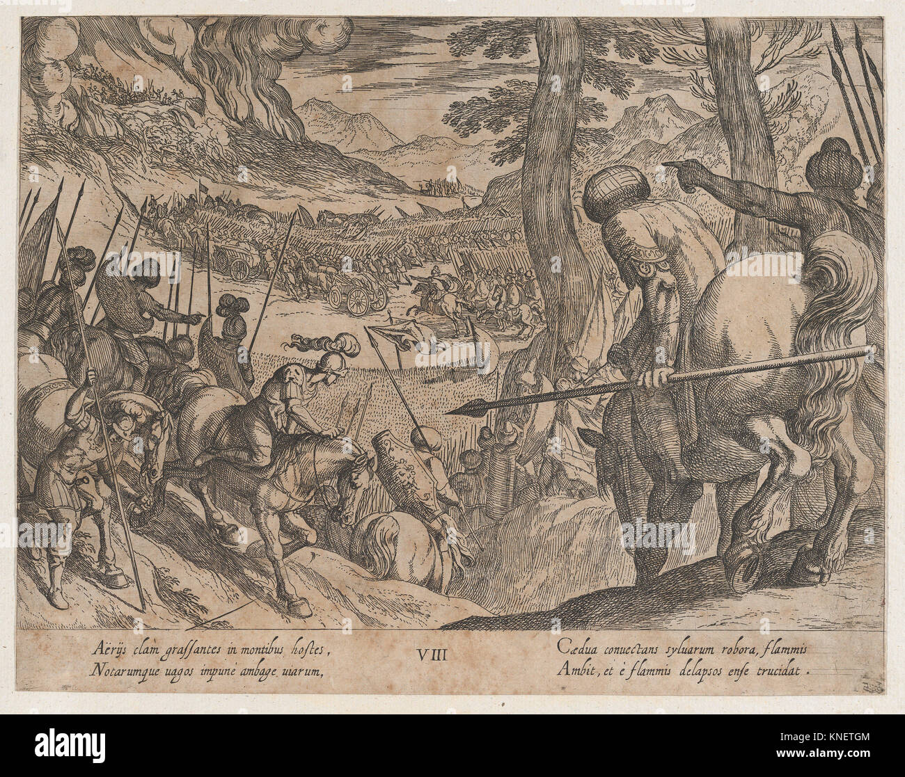 La piastra 8: Alexander che circonda le truppe nemiche con il fuoco, dalle gesta di Alessandro il Grande. Artista: Antonio Tempesta (italiano, Firenze Foto Stock