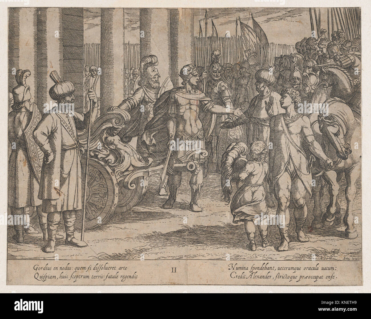 La piastra 2: Alexander di tagliare il nodo gordiano, da le gesta di Alessandro il Grande. Artista: Antonio Tempesta (italiano, Firenze Roma 1555-1630); Foto Stock