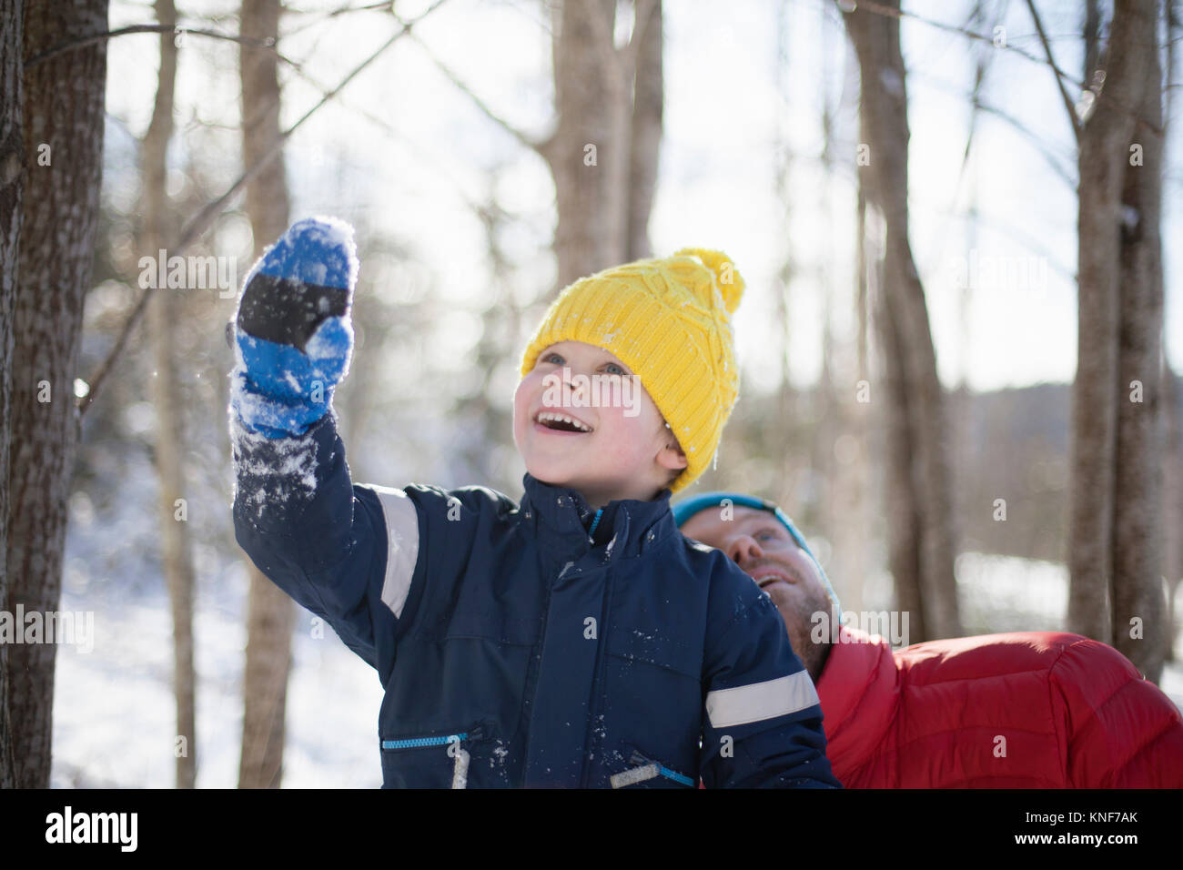 Uomo e figlio cercando in coperta di neve forest Foto Stock