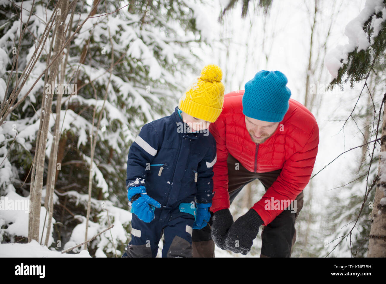 Uomo e figlio guardando giù nella coperta di neve forest Foto Stock