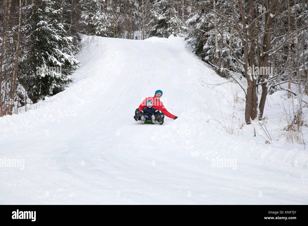 Uomo e figlio toboga in discesa in neve coperto foresta Foto Stock