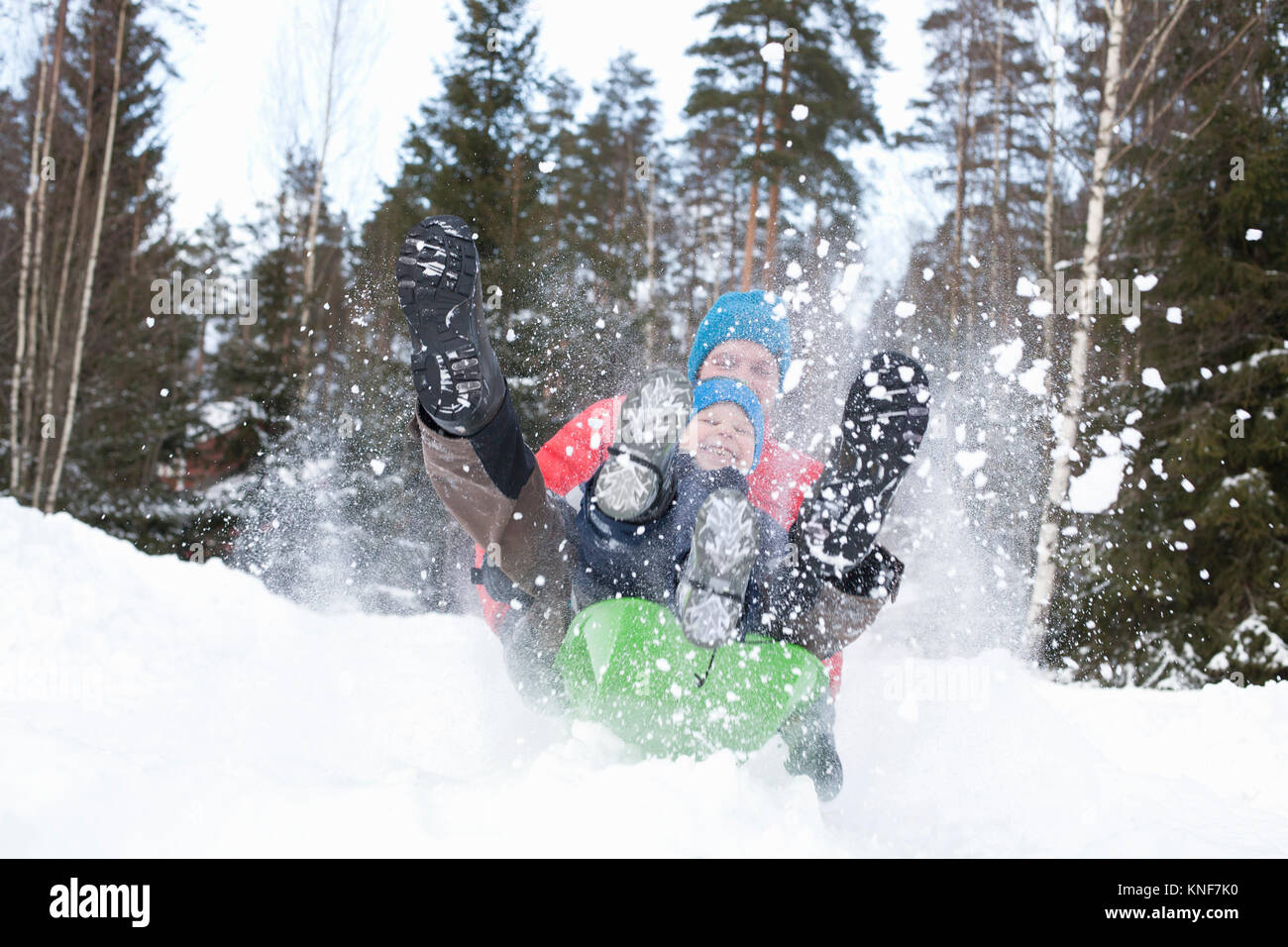 Uomo e figlio per velocizzare lo slittino in coperta di neve forest Foto Stock