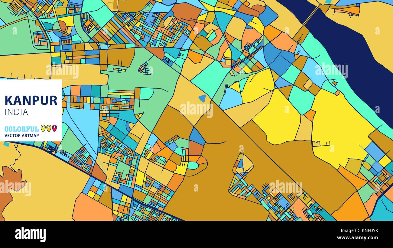 Kanpur, India, colorati Artmap vettore. Blue-Orange-versione gialla per il sito Web Infografico parete, arte e biglietto di auguri sfondi. Illustrazione Vettoriale