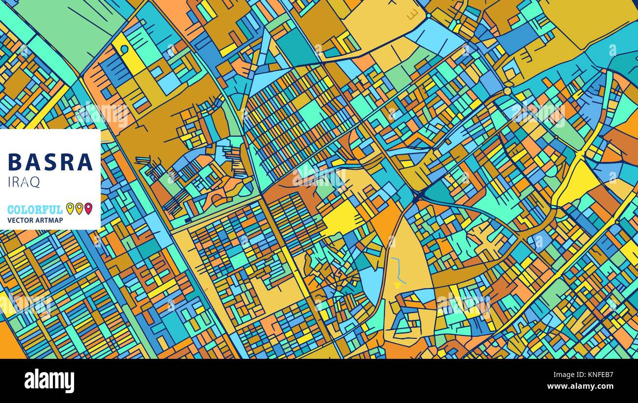 Di Bassora, in Iraq, colorati Artmap vettore. Blue-Orange-versione gialla per il sito Web Infografico parete, arte e biglietto di auguri sfondi. Illustrazione Vettoriale