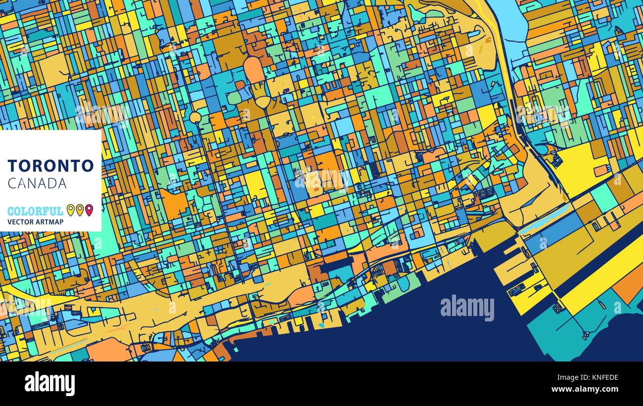 Toronto, Canada, colorati Artmap vettore. Blue-Orange-versione gialla per il sito Web Infografico parete, arte e biglietto di auguri sfondi. Illustrazione Vettoriale