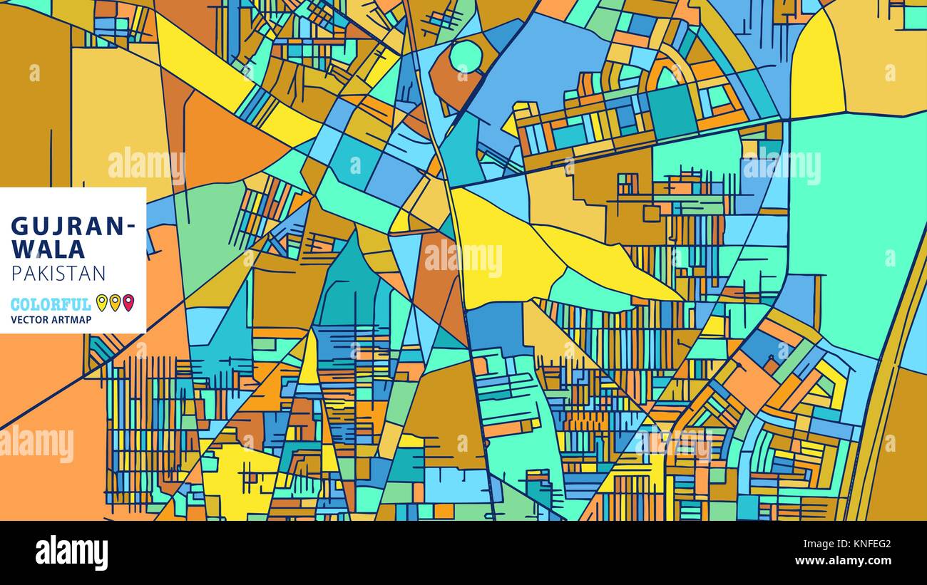 Gujranwala, Pakistan, colorati Artmap vettore. Blue-Orange-versione gialla per il sito Web Infografico parete, arte e biglietto di auguri sfondi. Illustrazione Vettoriale
