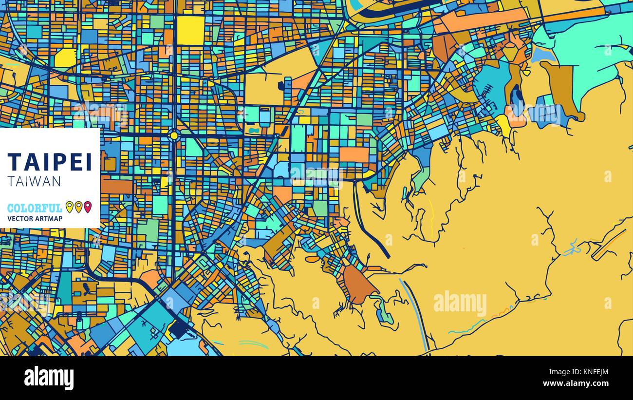 Taipei, Taiwan, colorati Artmap vettore. Blue-Orange-versione gialla per il sito Web Infografico parete, arte e biglietto di auguri sfondi. Illustrazione Vettoriale