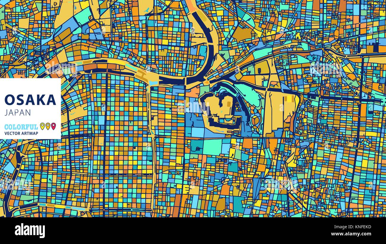 Osaka, Giappone, colorati Artmap vettore. Blue-Orange-versione gialla per il sito Web Infografico parete, arte e biglietto di auguri sfondi. Illustrazione Vettoriale