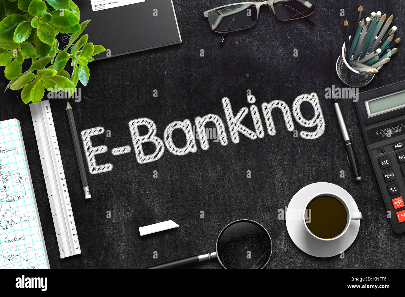 E-Banking - Testo sulla lavagna. Il rendering 3D. Foto Stock