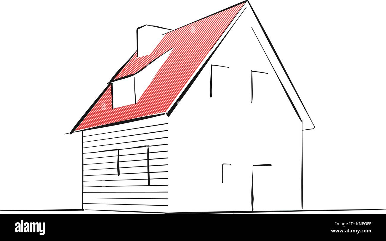 Classic townhouse sketch con tetto colorato. Vintage europeo in stile casa cittadina. Illustrazione Vettoriale