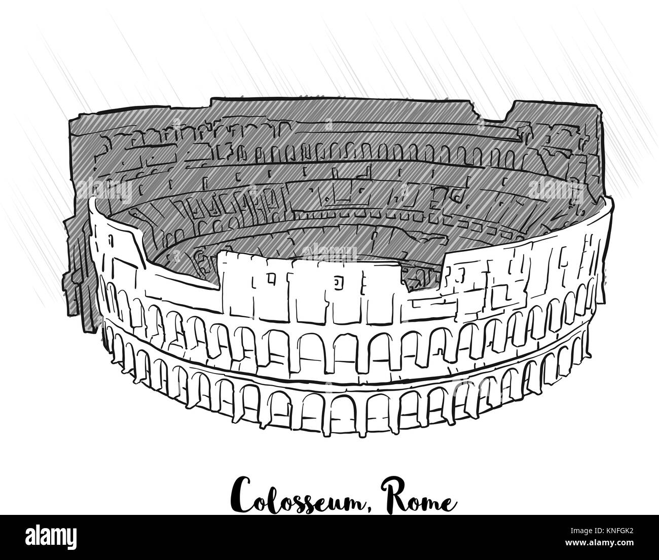 Roma Colosseo disegno ombreggiato. Grigio e Nero versione del vettore. Vista interna, visto dal retro. Illustrazione Vettoriale