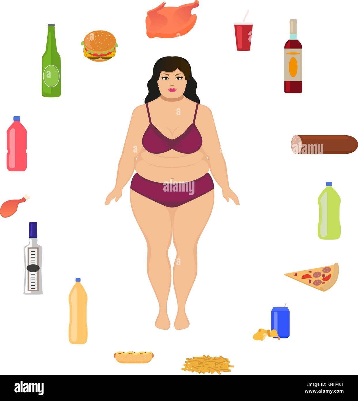 Vector cartoon donna grassa e alimenti dannosi per la salute Illustrazione Vettoriale