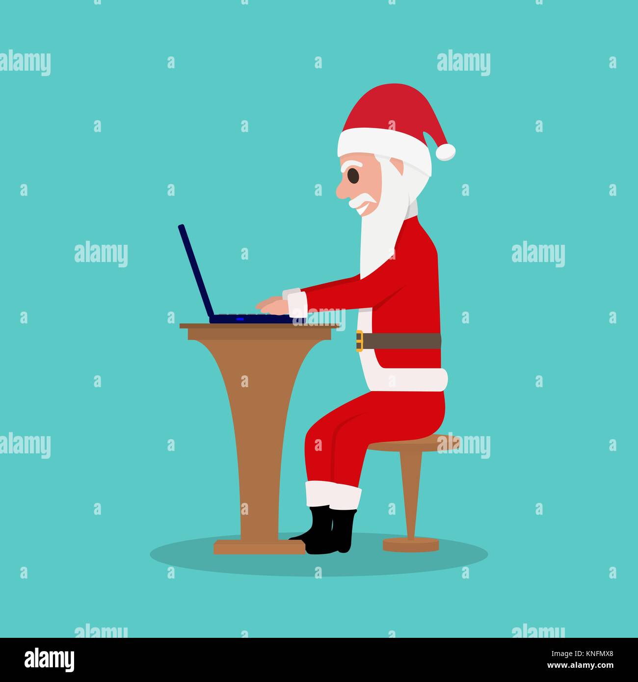 Cartoon Santa Claus si siede su una sedia per un computer portatile Illustrazione Vettoriale